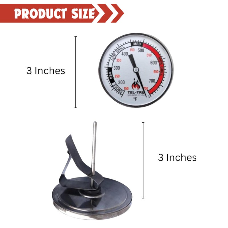 Tel-Tru BQ325R Big Green Egg, Primo, Komodo, Grill Dome, or Other Kamado-Style Replacement Thermometer, 3" dial with red and Black Zones, 3â€ stem, 150/750 Degrees F - Image 2